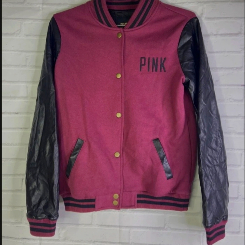 Victorias Secret Pink Bomber Jacket Letterman Button Maroon Red Black Womens